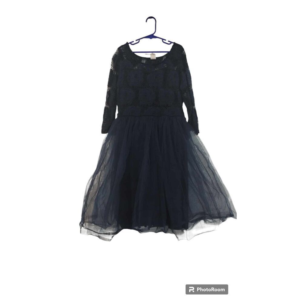 Girls Beautiful Dark Navy Blue Lace Top Lined Tool Bottom Long Sleeve Dress